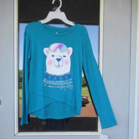 polar bear cozy glitter graphic top w sequin casual long sleeve shirt L 10/12 - Picture 5 of 11